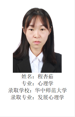  姓名：程杏茹专业：心理学录取学校：华中师范大学录取专业：发展心理学