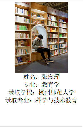  姓名：张宸珲专业：教育学录取学校：杭州师范大学录取专业：科学与技术教育